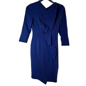 Karen Millen Dress Blue Asymmetrical Draped Waterfall sz 6 Lined 3/4 sleeves